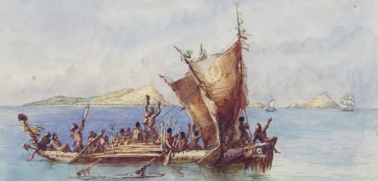 Porcher, Edwin Augustus, -1878. Pacific Ocean, a native canoe meeting strangers off the Murray Islands