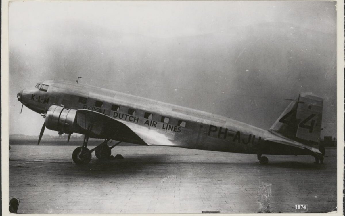 black and white photograph of a Dutch airplane in profile