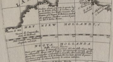 A black and white map showing Australia, then called New Holland, in the late 1600s.