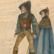 Annotated and coloured sketch of a costume for man. One figure is wearing a blue and green shirt with puffy sleeves, a brown vest, a blue hat and brown boots. A second figure shows the same character with a blue cloak on.